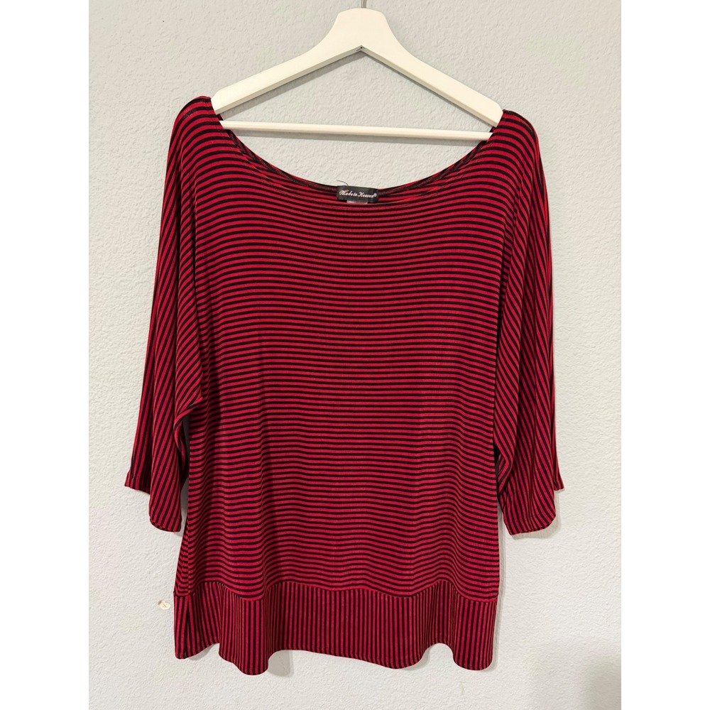 Made in Heaven Top L Red Black Striped Scoop Neck 3/4 Dolman‎ Sleeve Oversized